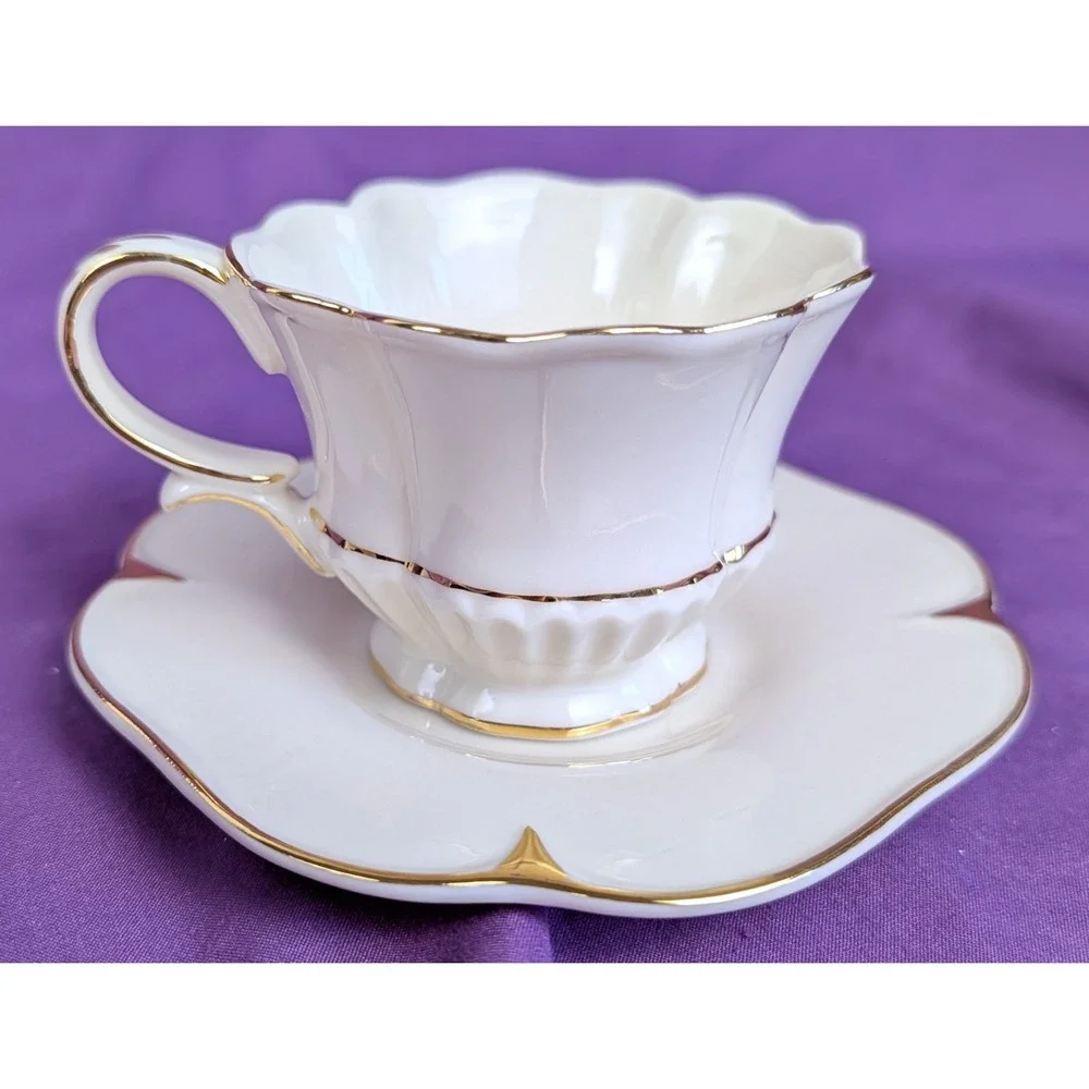 Olympia Ribbed Tea Cup and Flower Shaped Saucer White With Gold Trim NIB